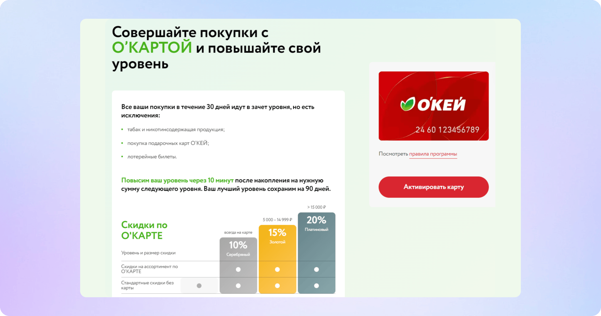 Пример накопительной системы скидок от сети гипермаркетов О’КЕЙ